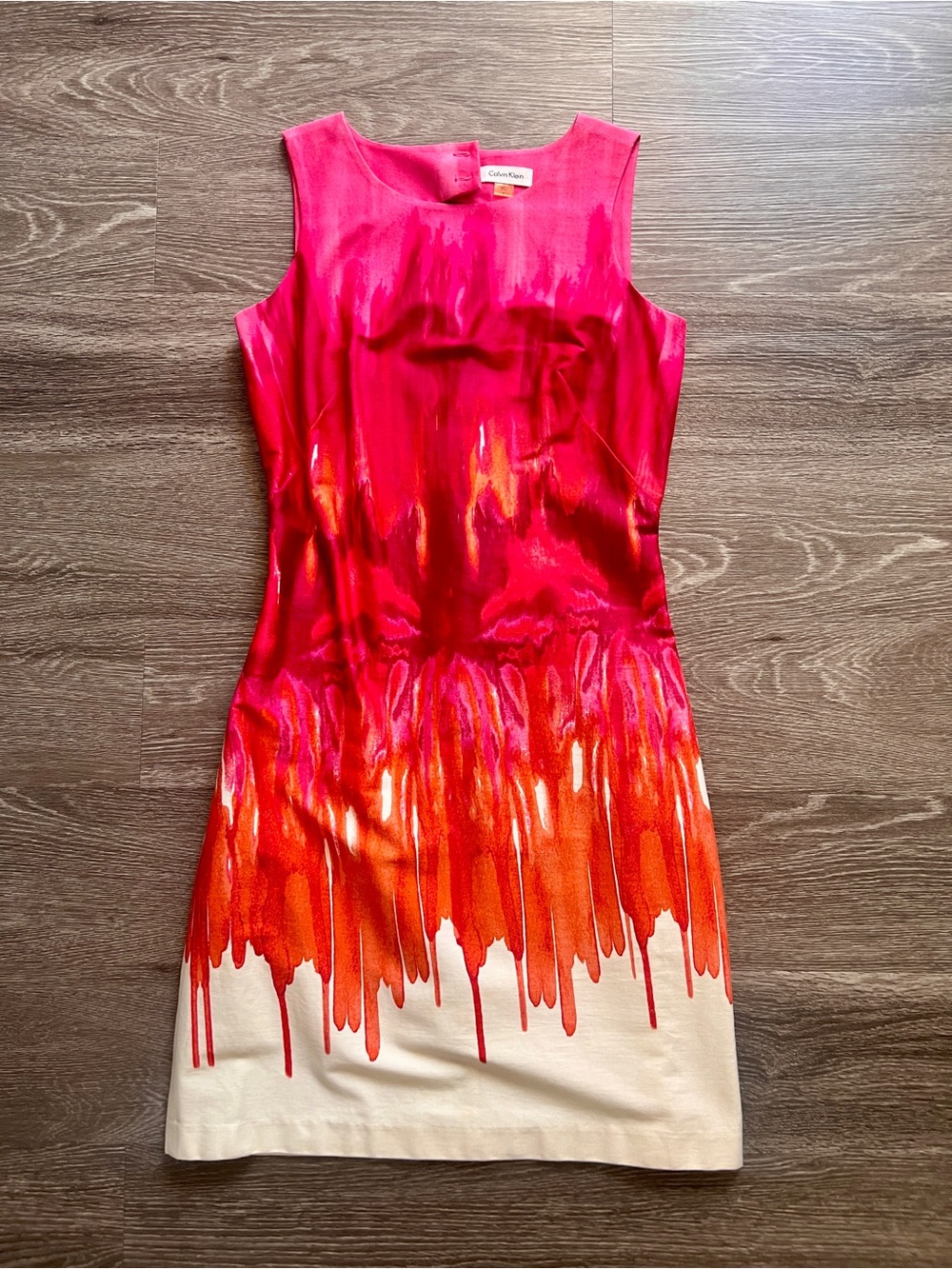 Calvin Klein Fuchsia Sheath Dress with Orange & Cream Drip Print